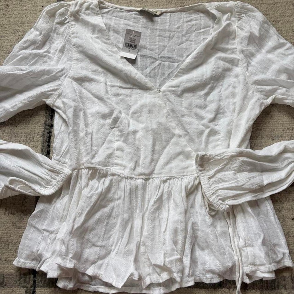 American Eagle White Linen Blend Wrap Peplum Top Blouse Large NWT 2604-100